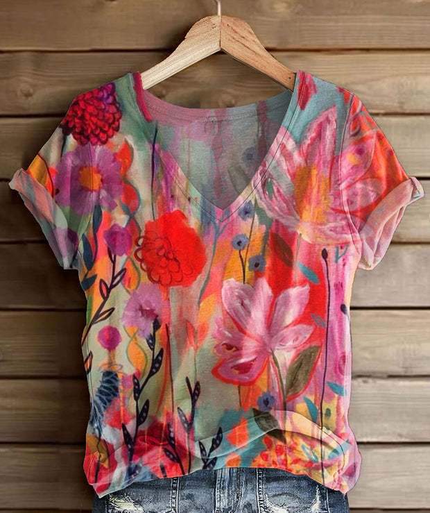 Women's Bohemian Floral Art Print V-neck Casual T-Shirt