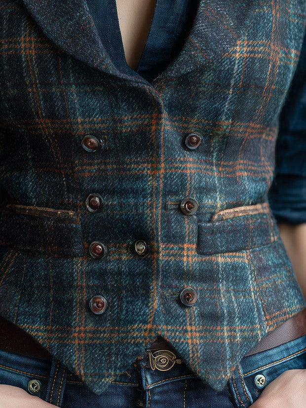 Retro Lapel Plaid Wool Vest
