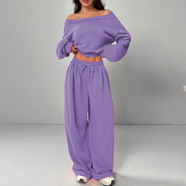 Fashion Slim-fit Off-the-shoulder Navel Solid Color Casual Pants Suit