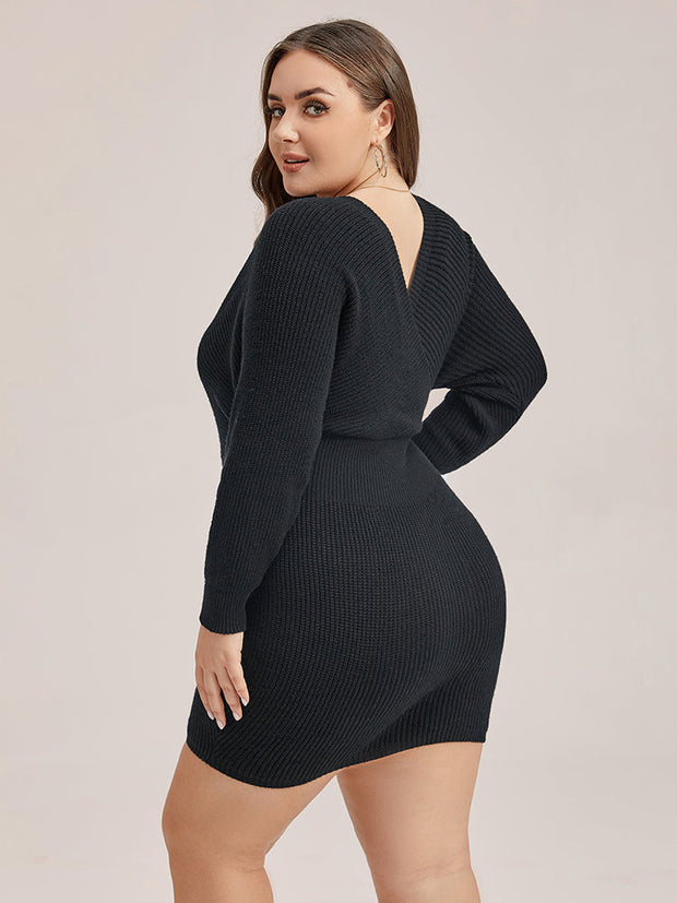 Solid V-Neck Bodycon Sweater Dress