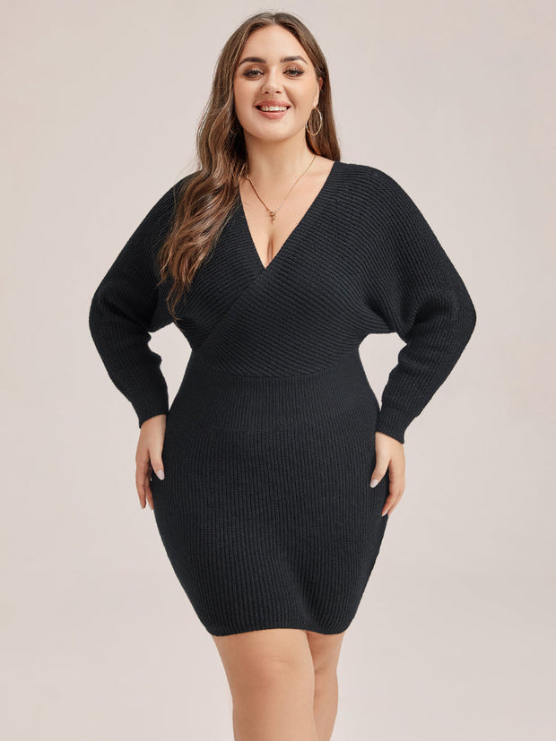 Solid V-Neck Bodycon Sweater Dress