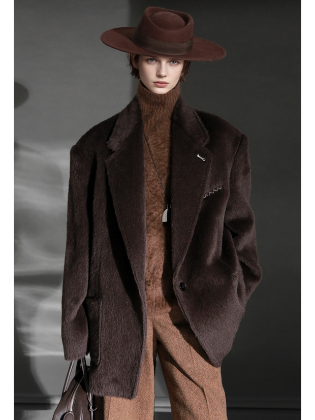 Luxury Suri Baby Alpaca Wool Coat for Women – Tailored Blazer Collar Winter Jacket, Elegant Wool & Fur-Blend Outerwear