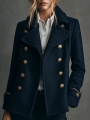 Classic Navy Wool-Blend Double-Breasted Peacoat Gold Buttons Coat