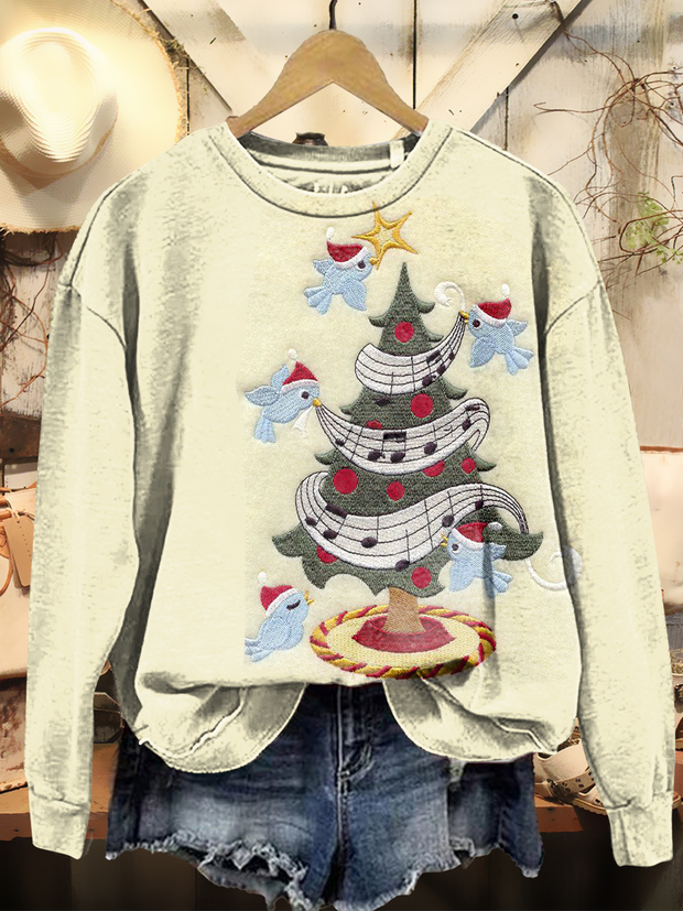 Women's Vintage Christmas Art Print Casual Long-Sleeve Crew Neck Sweatshirt