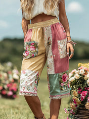 Women's Patchwork Floral Contrast Waist Elastic Shorts