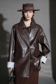 Brown Lambskin Leather Jacket for Women – Short Turn-Down Collar Biker Coat with Striped Cuffs, Chic Fall Outerwear