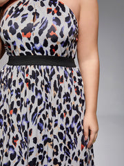 Plus Leopard Print Halter Elastic Waist Maxi Dress