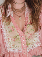 Retro Lace Trim Printed Chiffon Long Sleeve Blouse