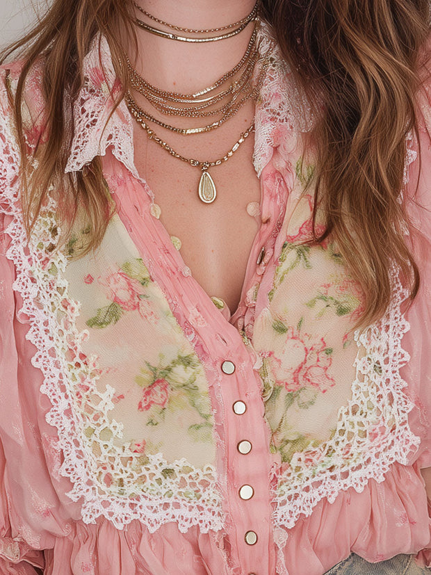 Retro Lace Trim Printed Chiffon Long Sleeve Blouse