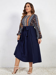 Plus Blue Floral Printed Lantern Sleeve Dress