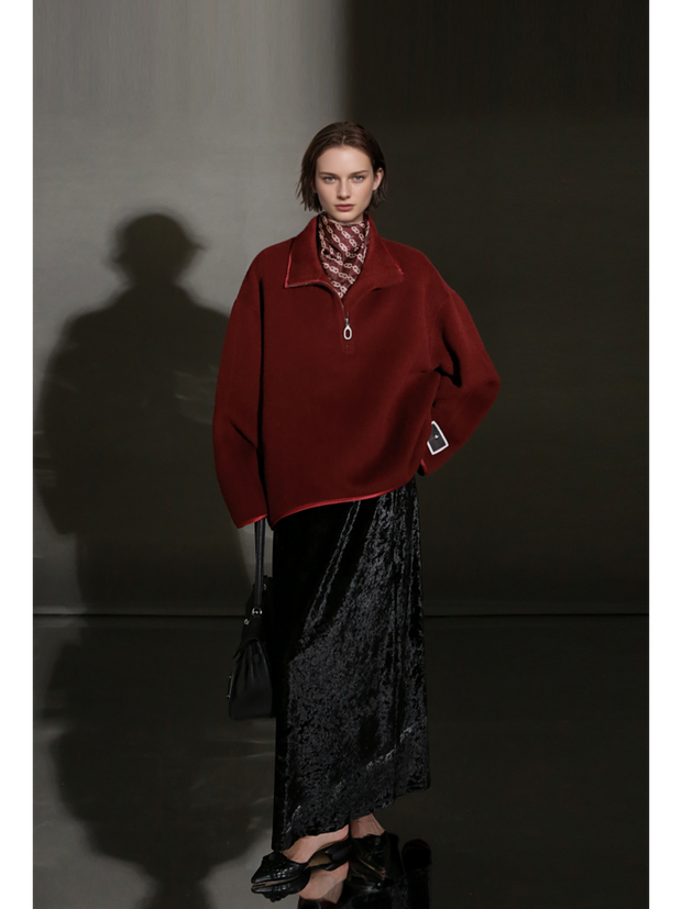 Oversized Camel Hair Sweatshirt Coat for Women – Stand Collar Double-Faced Wool Jacket with Minimalist Luxe Style