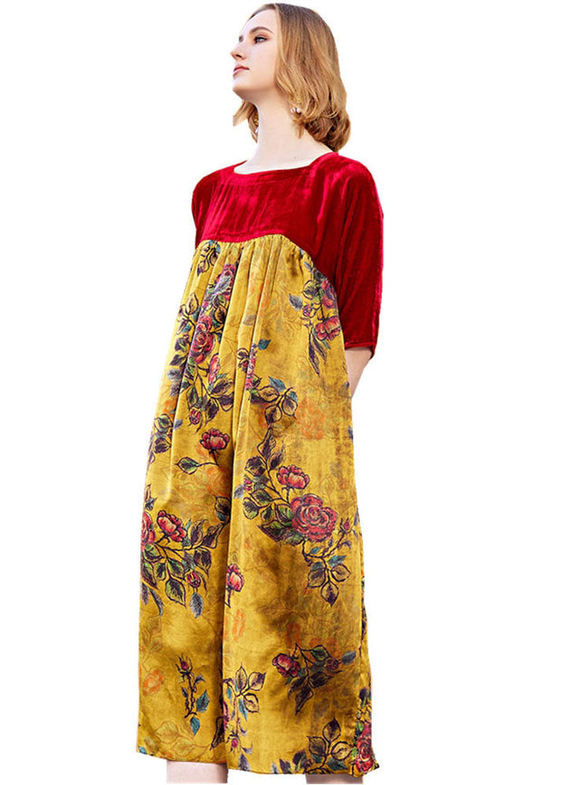 Vogue Red Square Collar Wrinkled Patchwork Silk Velour Maxi Dress Fall