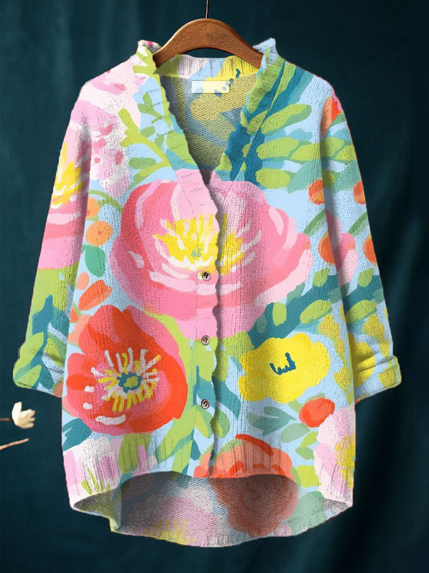 Women's Vintage Flower Art Print Casual Pullover Sweater