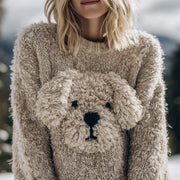 Cute Fuzzy Dog Embroidered Soft Cozy Sweater