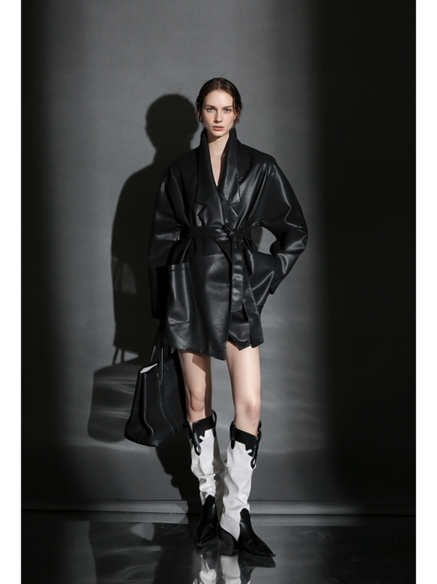 Women’s Short Leather Trench Coat – Tailored Waist Blazer Collar Lambskin Jacket for Fall