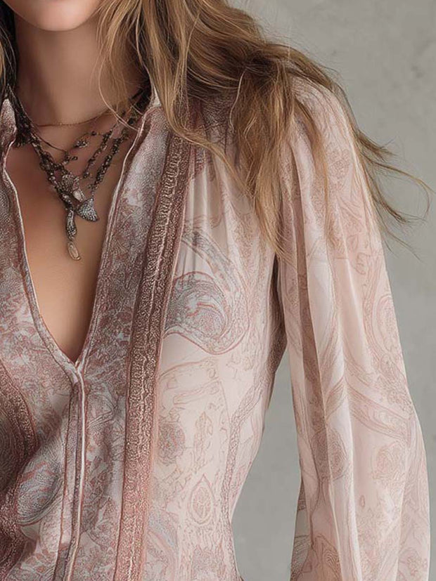 Vintage Sheer Paisley Lace Trim Blouse