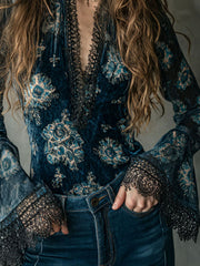 Retro Blue Floral  Velvet Lace Blouse With Bell Sleeves