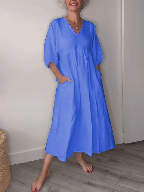 Women's V-neck Solid Color Mid-length Sleeve Cotton and Linen Dress