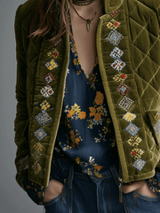 Heritage Olive Green Embroidered Velvet Quilted Jacket