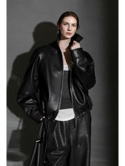 Women’s Short Moto Leather Jacket with Small Notch Collar and Cinched Hem – Spring/Fall Leather Biker Jacket