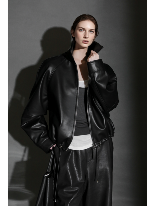 Women’s Short Moto Leather Jacket with Small Notch Collar and Cinched Hem – Spring/Fall Leather Biker Jacket