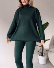 Chic turtleneck top and slim trousers two-piece set