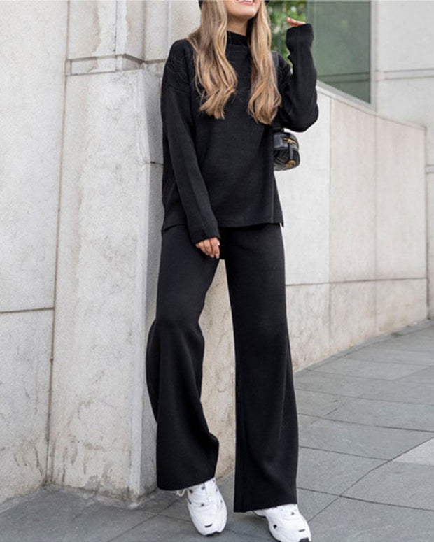 Knitted turtleneck loose top + pants two-piece set