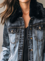 Black Eco Fur Collar Washed Blue Denim Jacket