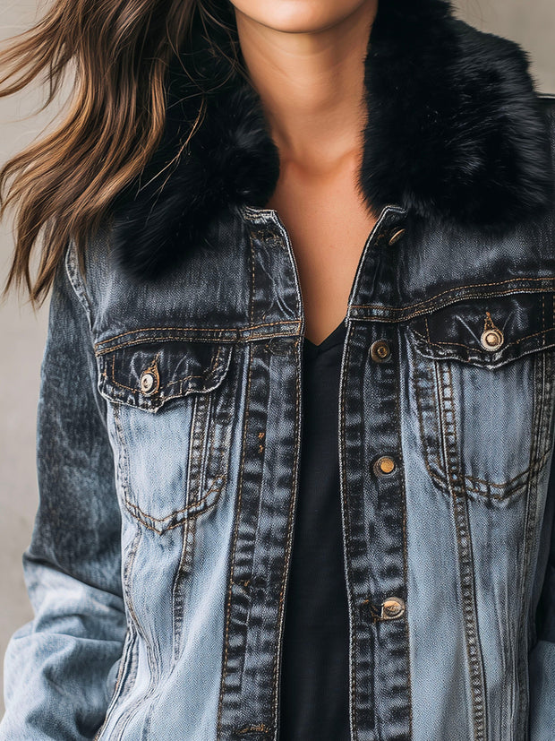 Black Eco Fur Collar Washed Blue Denim Jacket