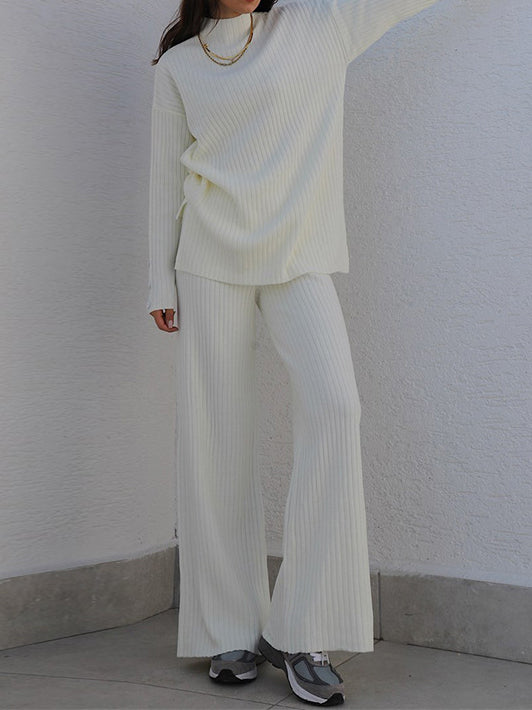 Casual Solid Color Turtleneck Loose Knit Ladies Two-piece Suit