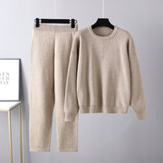 Solid color crew neck sweater knitted two-piece set