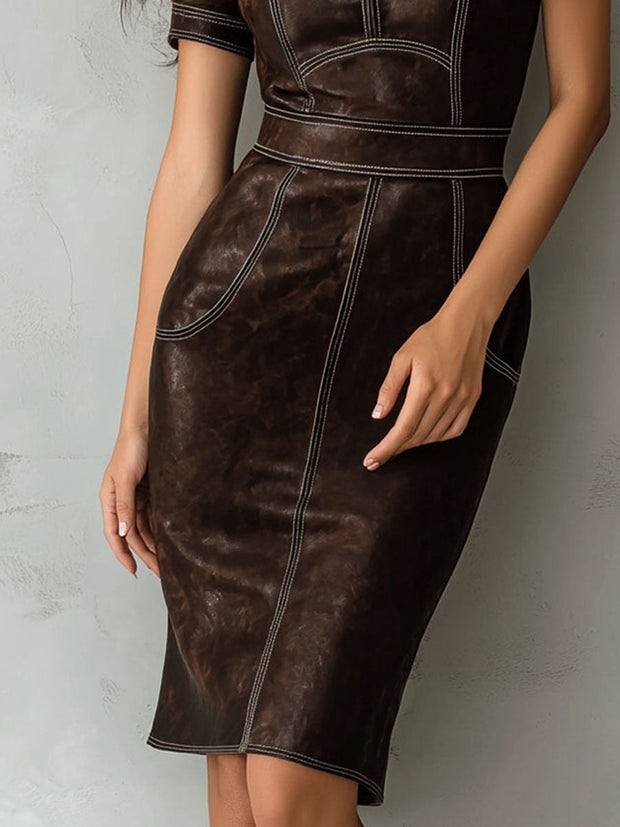 Vintage Brown Eco Leather Bodycon Dress With Contrast Stitching