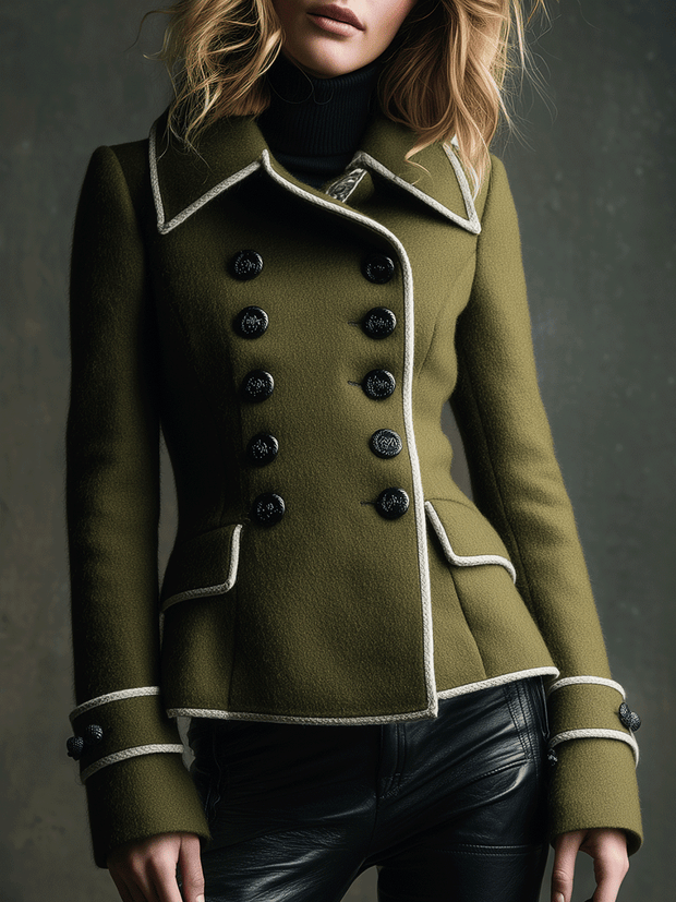 Retro Double-Breasted Wool Contrast Piping Jacket