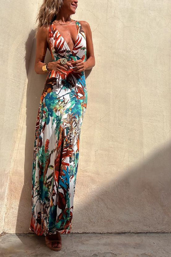 RAINFOREST PARADISE TROPICAL PRINT CUTOUT BACK CROSSOVER STRETCH MAXI DRESS