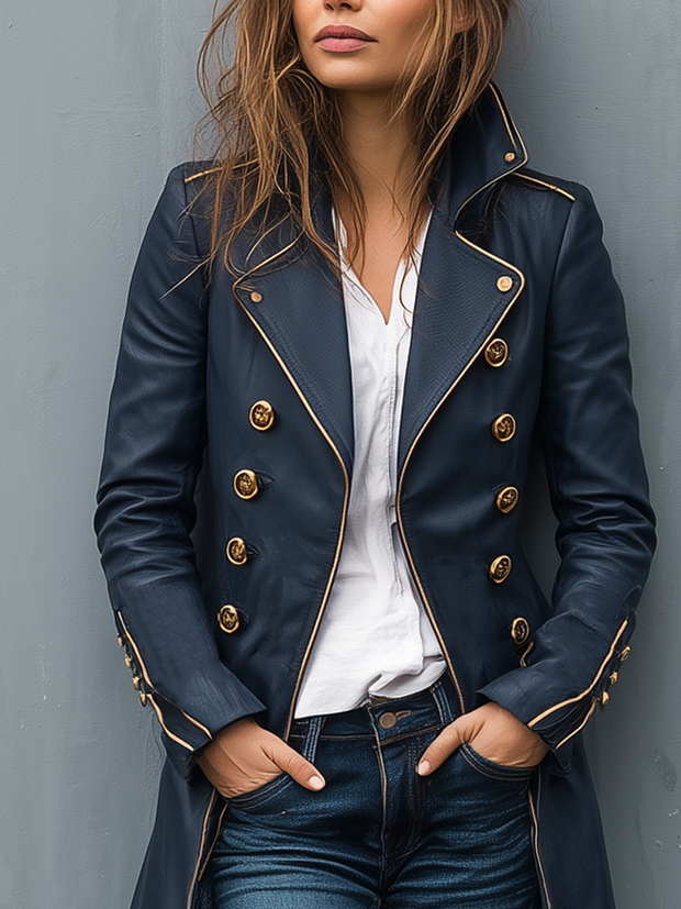 Retro Military Style Double-breasted Faux Leather Coat