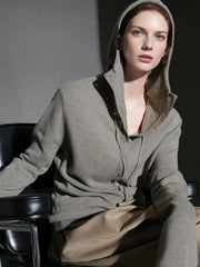 Henry Neck Half-Placket Wool Knit Hoodie – Vintage Relaxed Pullover Sweater for Women, Elegant Commuter Style