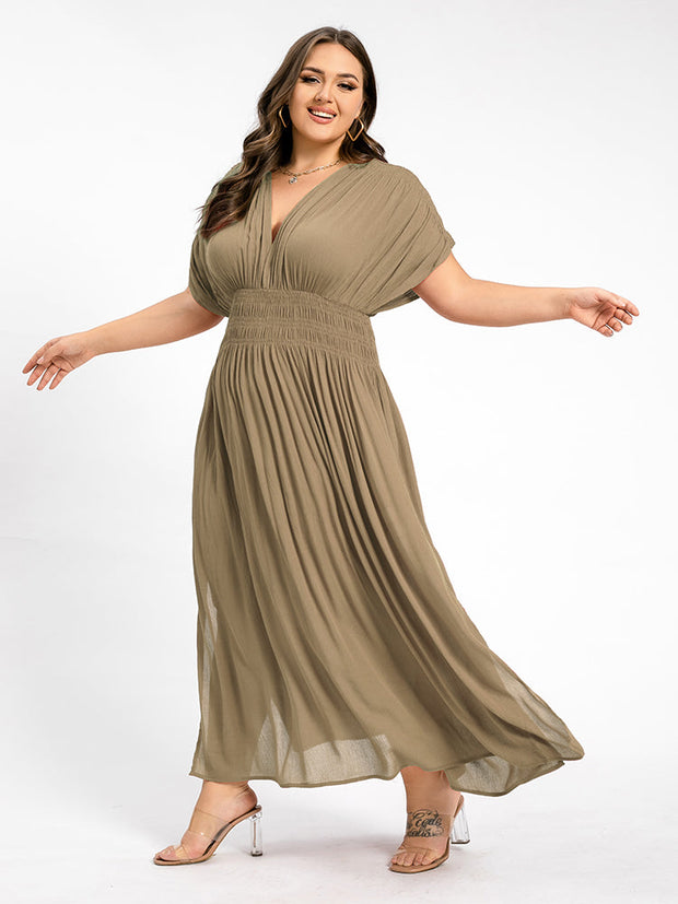 V-Neck Batwing Sleeve Pocket Ruched Waist Maxi Dress