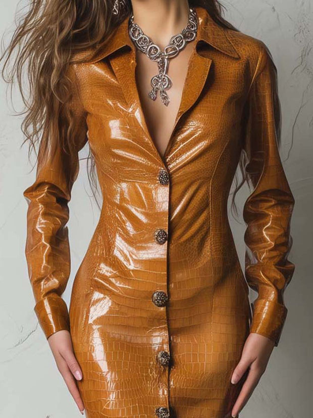 Retro Modern Caramel Eco-Croco Embossed Leather Shirt Dress