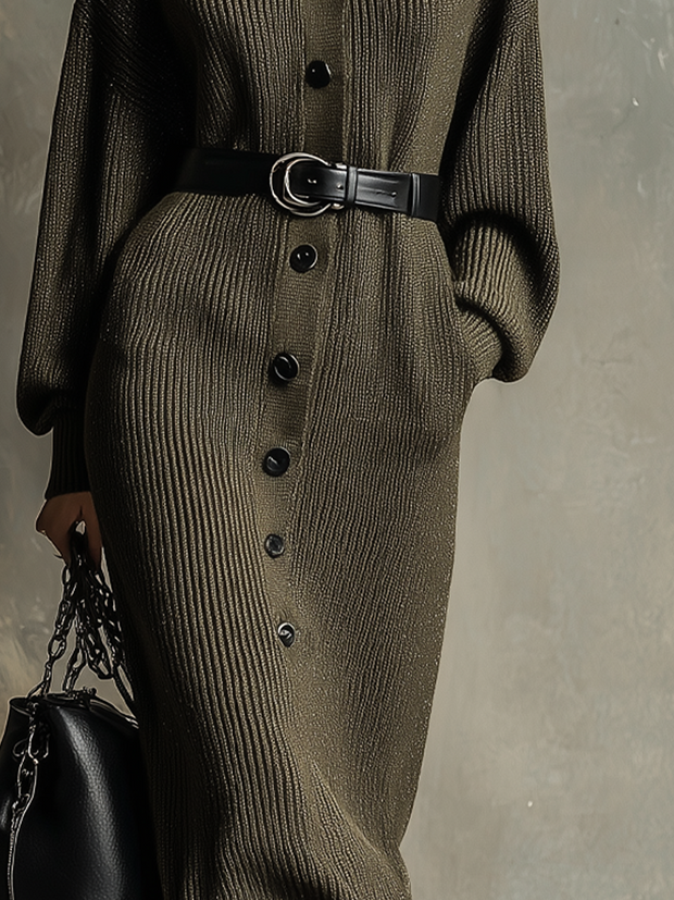 Retro High-neck Contrast Buttons Knitted Midi Dress