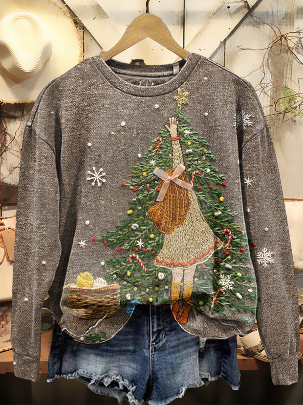 Women's Vintage Christmas Art Print Casual Long-Sleeve Crew Neck Sweatshirt