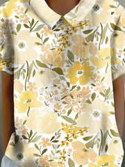 Women's Yellow Floral Print Casual Cotton And Linen Short Sleeve Shirt