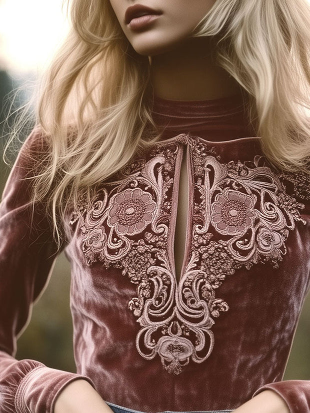 Vintage Cuffs Rose Velvet Embroidered Keyhole Blouse