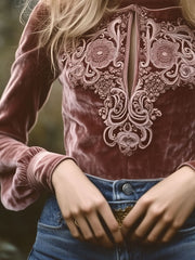 Vintage Cuffs Rose Velvet Embroidered Keyhole Blouse