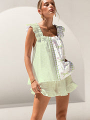 Green Polka Dots And Flowers Print Ruffled Trim Short Tank Top Shorts Pajama Set