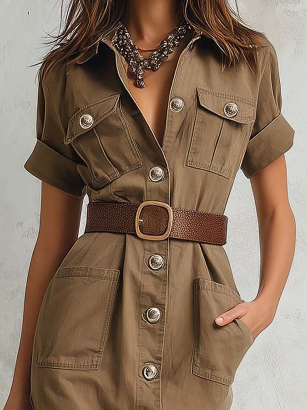 Vintage Cargo-Inspired Khaki Midi Dress