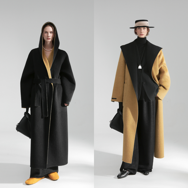 Elegant Double-Faced Tencel Wool Cape Coat for Women – Luxury Hooded Two-Tone Winter Outerwear