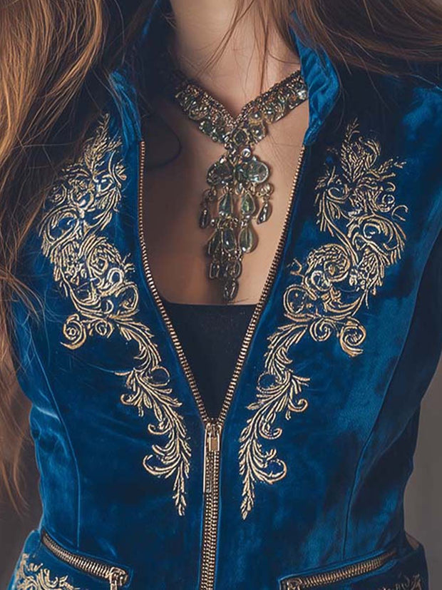 Zippered Boho Royal Blue Embroidered Velvet Vest