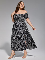 Plus Floral Off-Shoulder Split Midi Dress