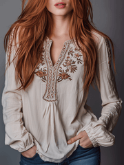 Casual Bohemian Style Floral Embroidered Pastoral Style Shirt