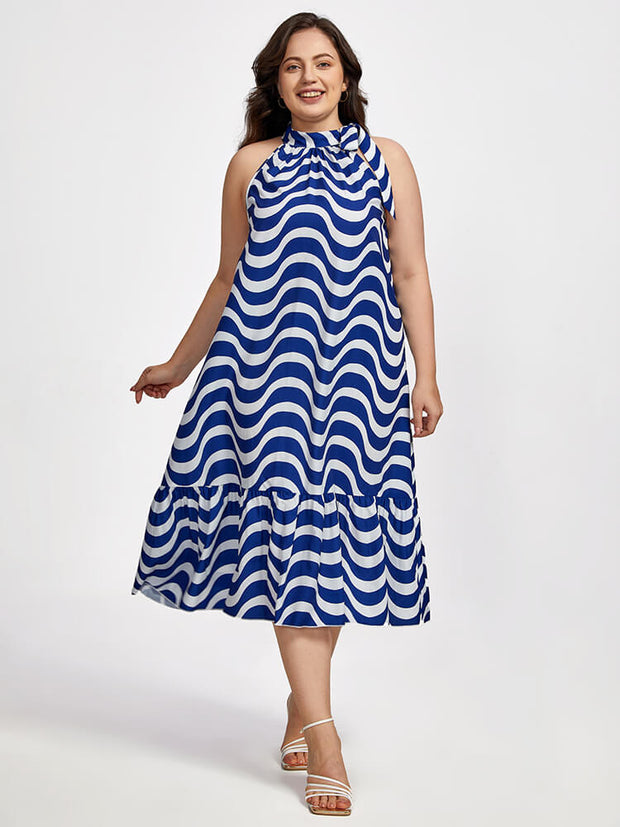 Plus Striped Halter Frill Trim Midi Dress